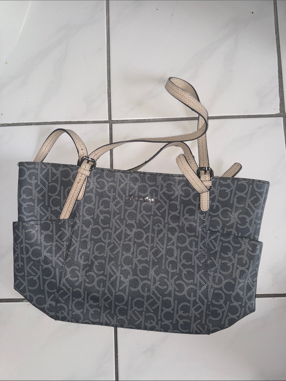 Calvin Klein Gray Logo Tote with Light Tan Straps